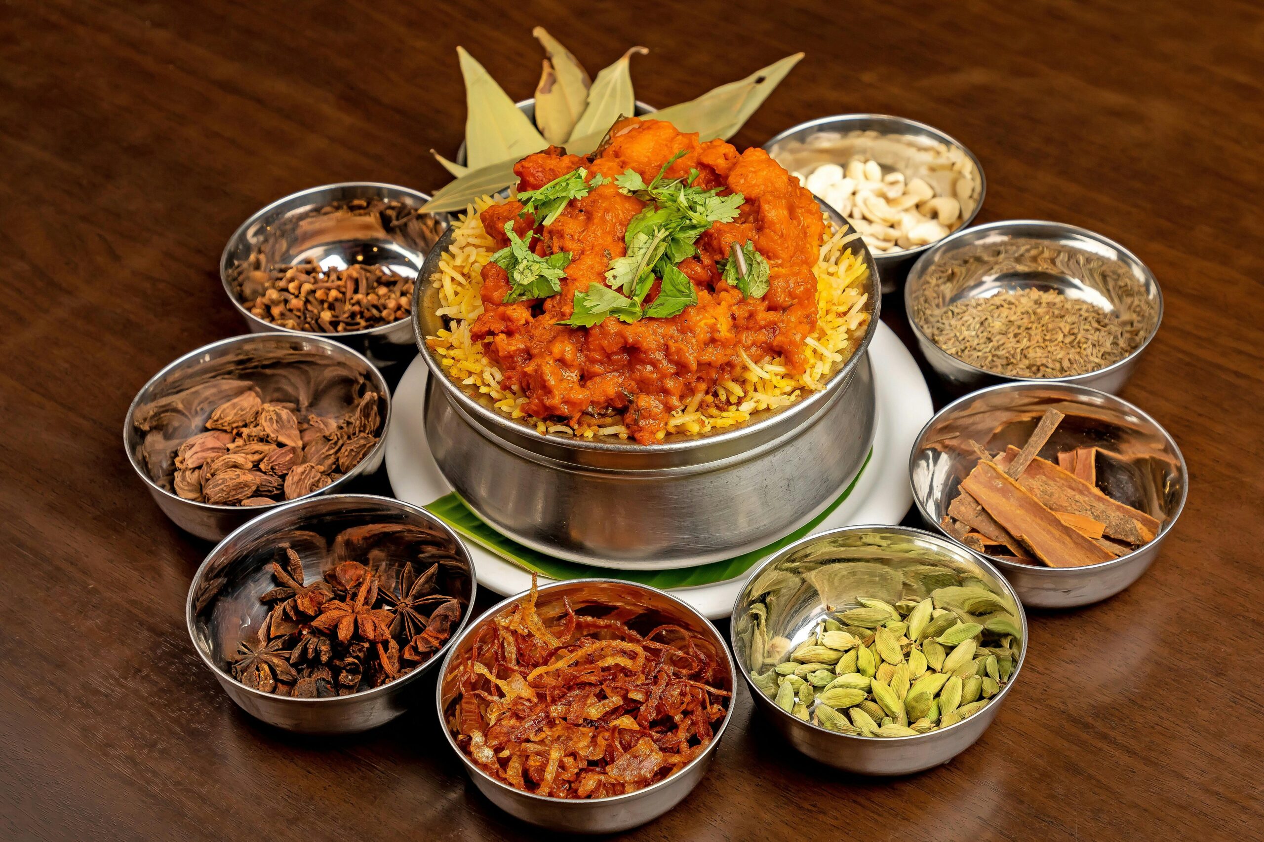 Indian biryani with vibrant spices beautifully arranged. Perfect for food lovers.